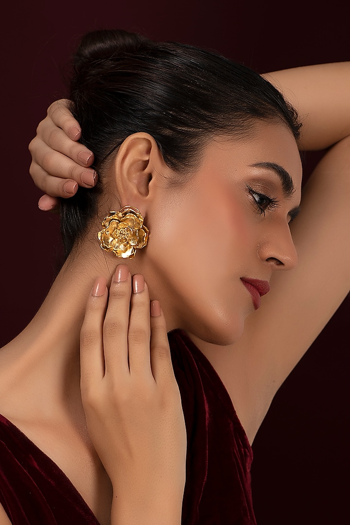 Gold Plated Floral Stud Earrings by Hermosa By Srishti Bajaj