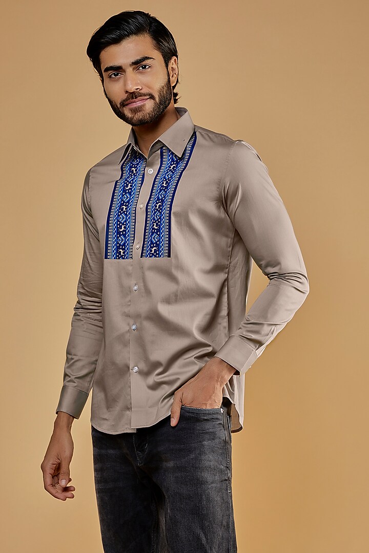 Marble Grey Cotton Twill Printed Shirt by HE SPOKE