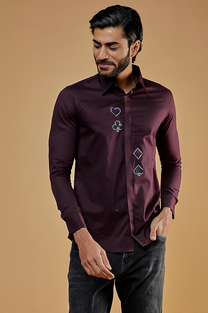 Burgundy Cotton Twill Graphic Printed Shirt by HE SPOKE
