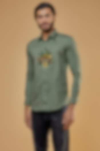 Aqua Green Cotton Twill Graphic Printed Shirt by HE SPOKE