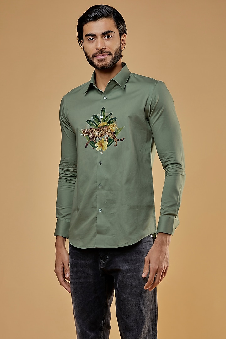 Aqua Green Cotton Twill Graphic Printed Shirt by HE SPOKE
