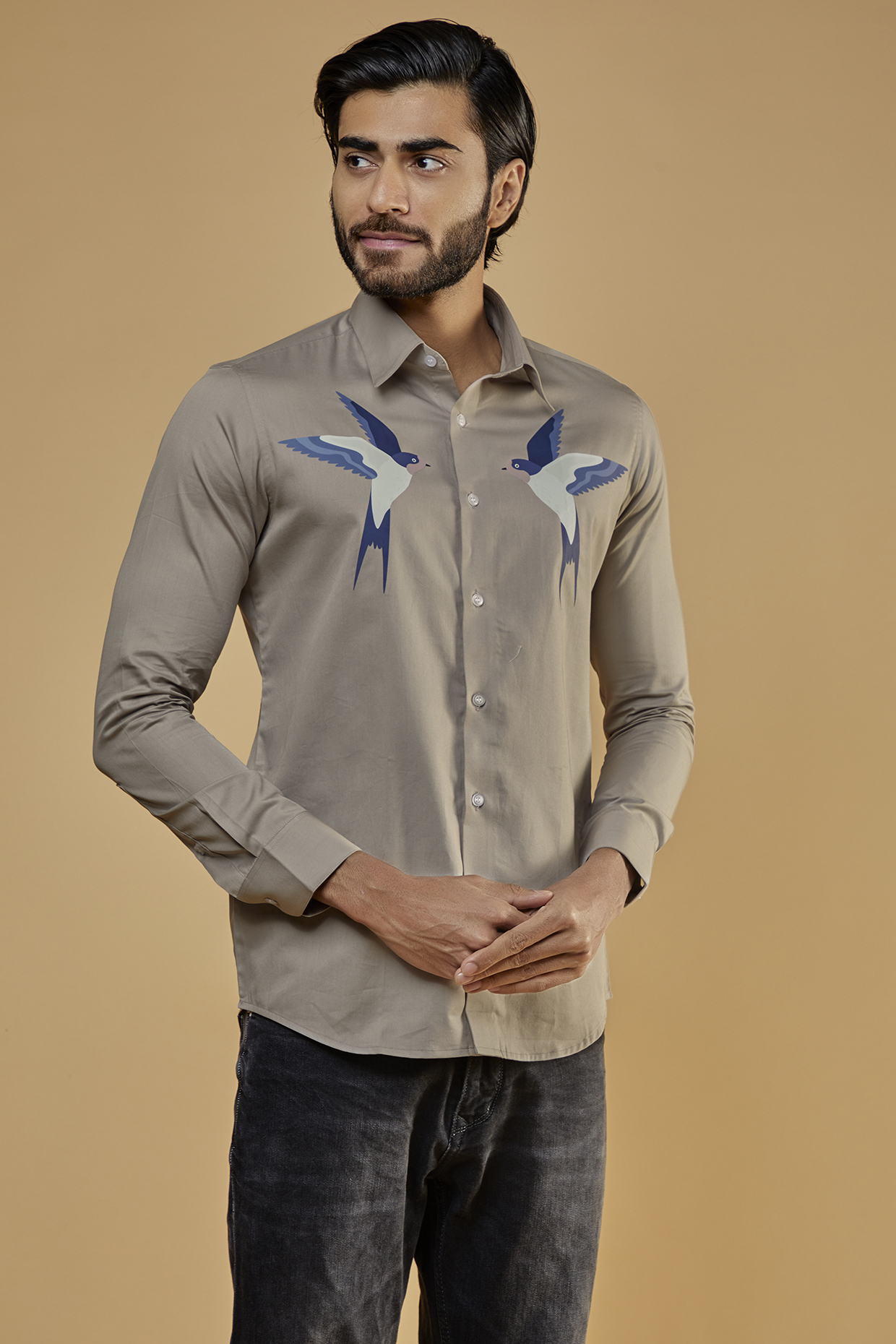 Marble Grey Cotton Twill Graphic Printed Shirt by HE SPOKE