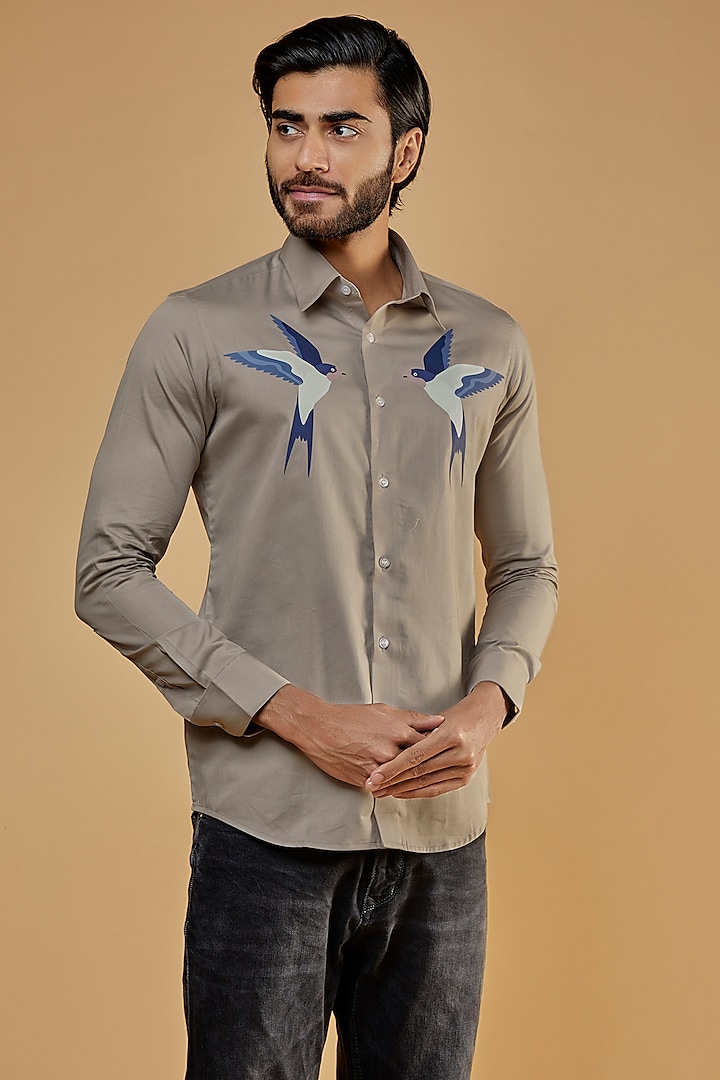 Marble Grey Cotton Twill Graphic Printed Shirt by HE SPOKE