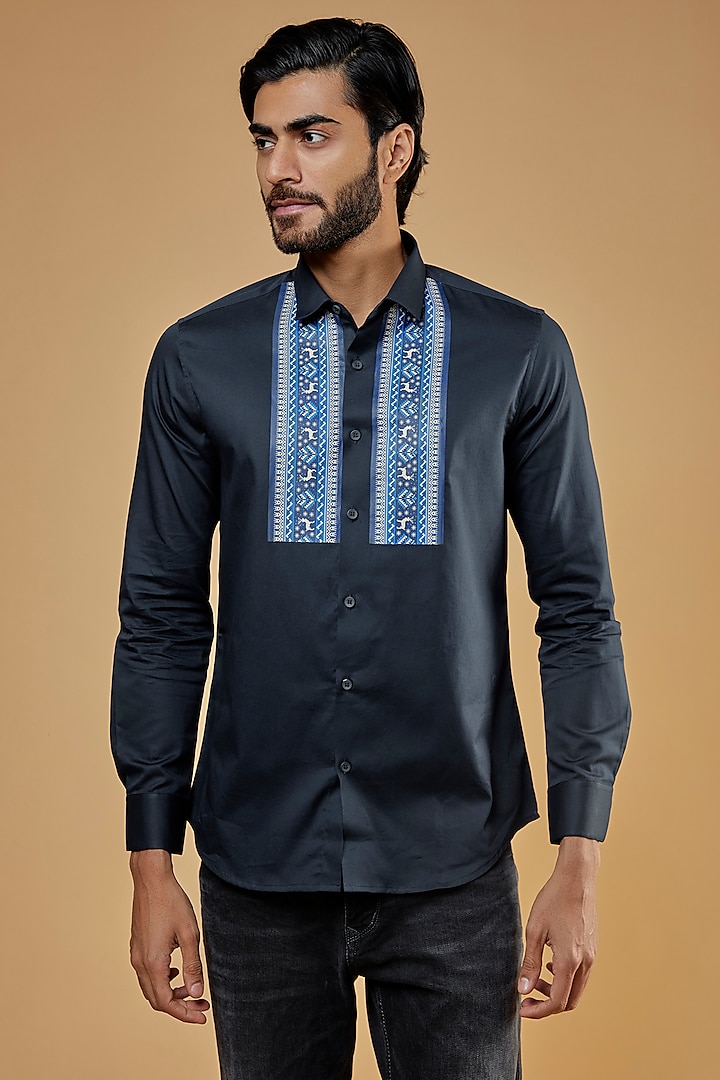 Navy Blue Cotton Twill Printed Shirt by HE SPOKE