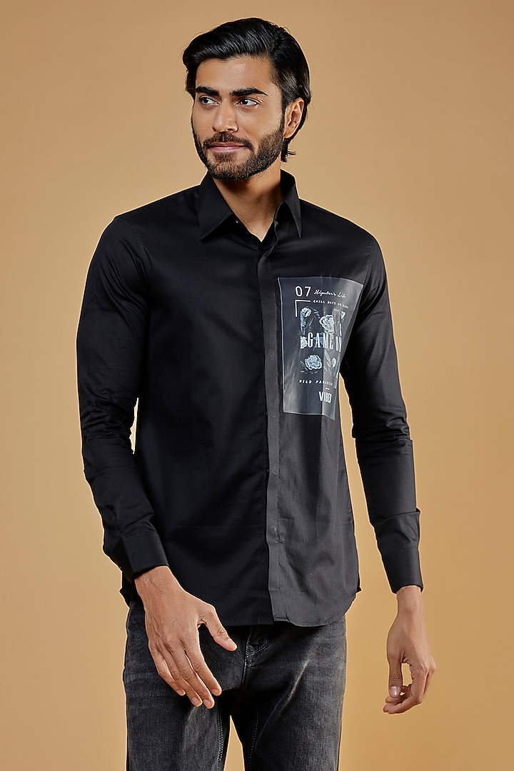 Black Cotton Twill Graphic Printed Shirt by HE SPOKE