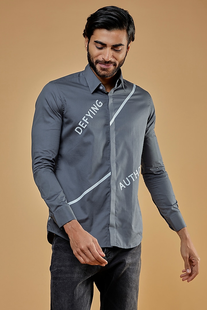 Metal Grey Cotton Twill Graphic Printed Shirt by HE SPOKE