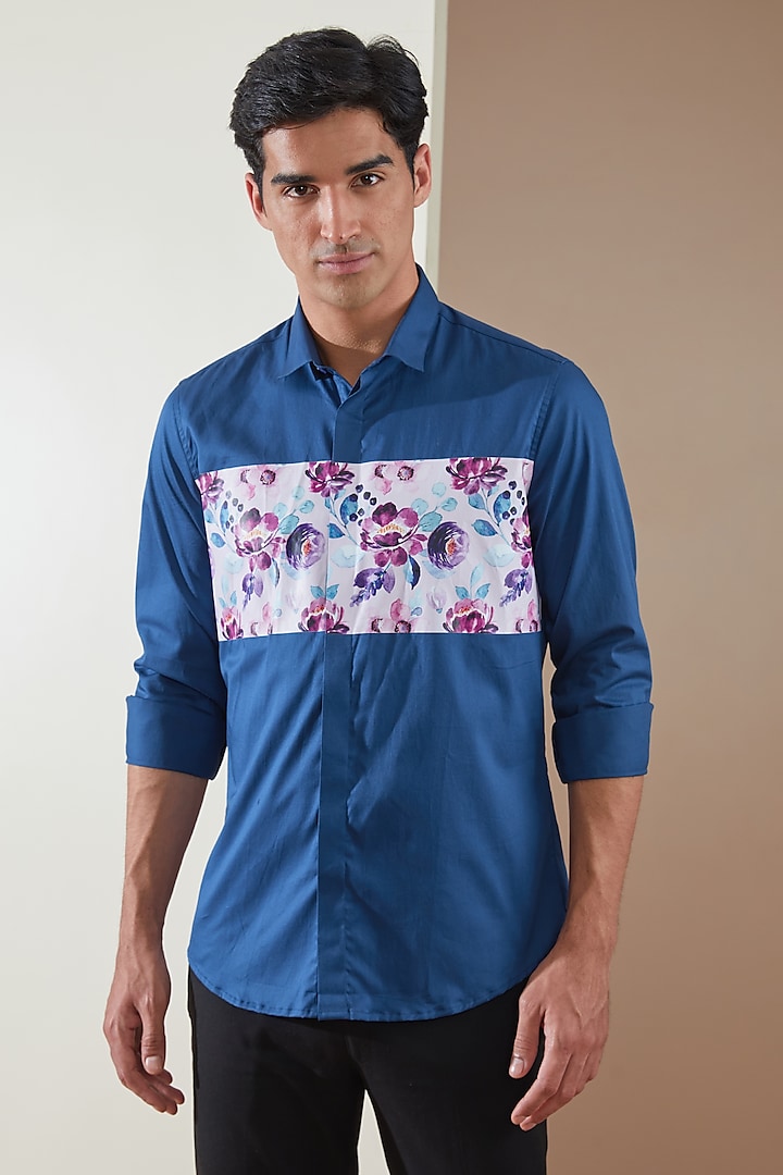 Indigo Blue Pure Cotton Printed Shirt by HE SPOKE