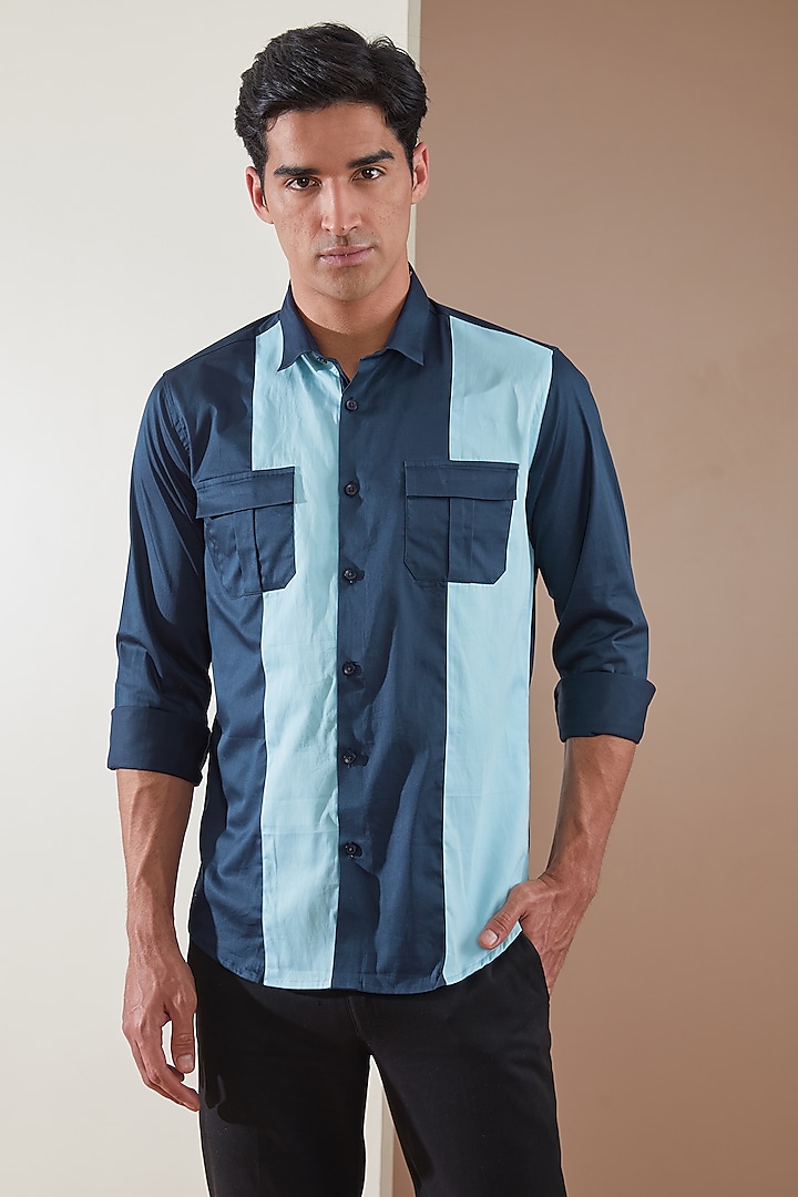Navy Blue Pure Cotton Color Blocked Shirt by HE SPOKE