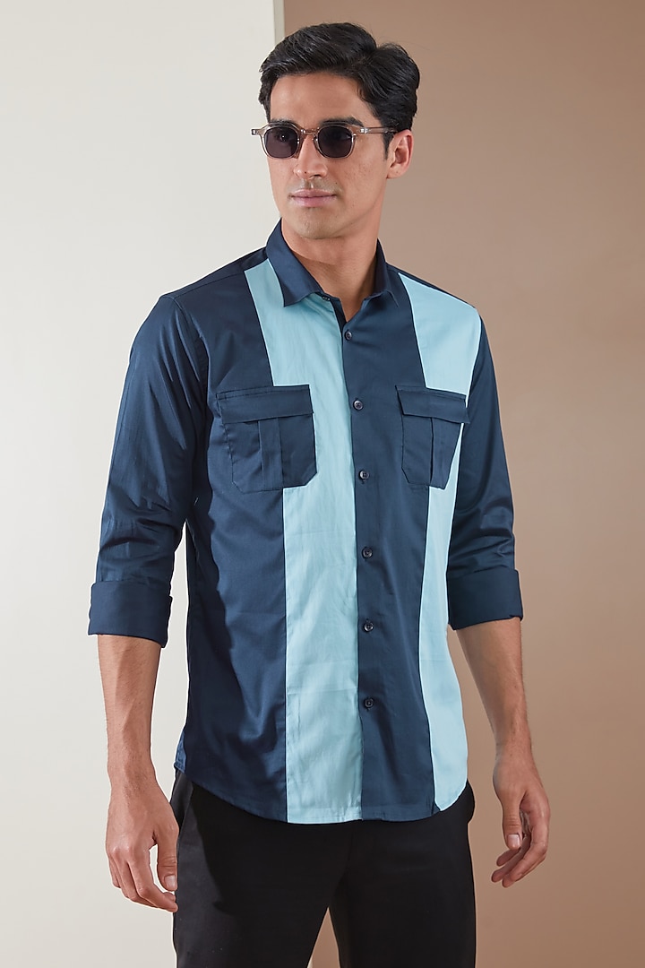 Navy Blue Pure Cotton Color Blocked Summer Shirt by HE SPOKE at Pernia's Pop Up Shop