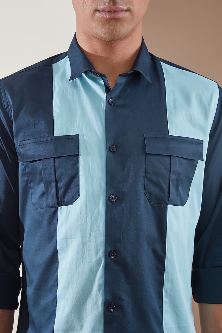 Navy Blue Pure Cotton Color Blocked Summer Shirt by HE SPOKE at Pernia's Pop Up Shop