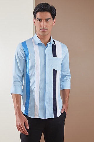 Powder Blue Pure Cotton Color Blocked Shirt by HE SPOKE