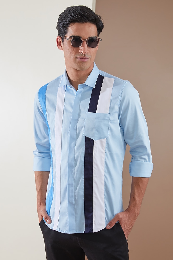 Powder Blue Pure Cotton Color Blocked Summer Shirt by HE SPOKE at Pernia's Pop Up Shop