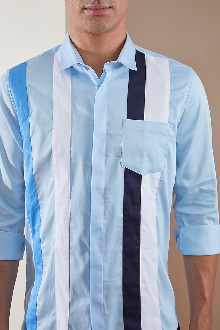 Powder Blue Pure Cotton Color Blocked Summer Shirt by HE SPOKE at Pernia's Pop Up Shop