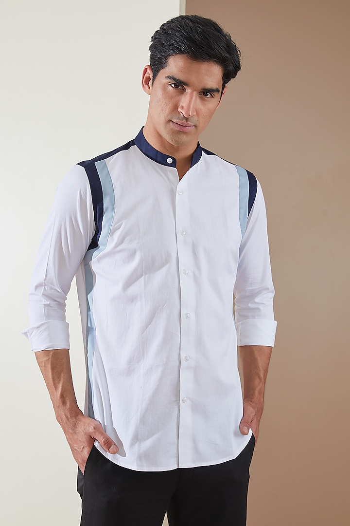 White Pure Cotton Color Blocked Shirt by HE SPOKE