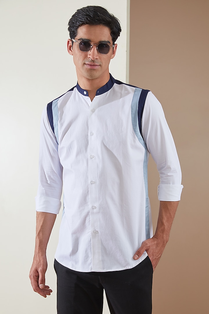 White Pure Cotton Color Blocked Summer Shirt by HE SPOKE at Pernia's Pop Up Shop