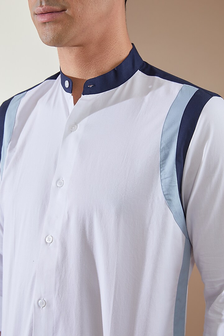 White Pure Cotton Color Blocked Summer Shirt by HE SPOKE at Pernia's Pop Up Shop