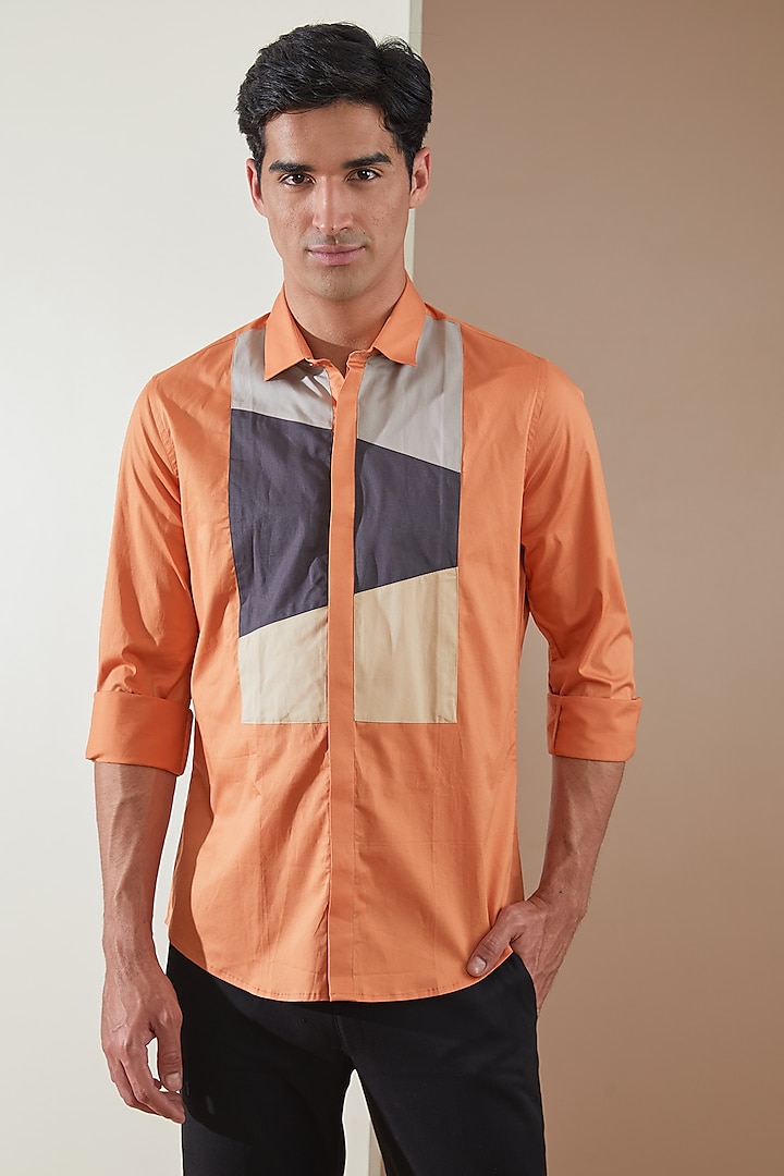 Tangerine Pure Cotton Color Blocked Shirt by HE SPOKE