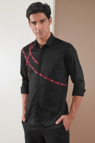 Black Pure Cotton Embellished Shirt by HE SPOKE