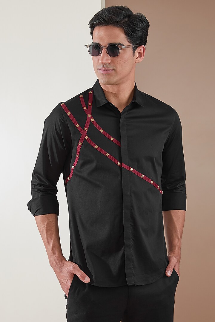 Black Pure Cotton Embellished Summer Shirt by HE SPOKE at Pernia's Pop Up Shop