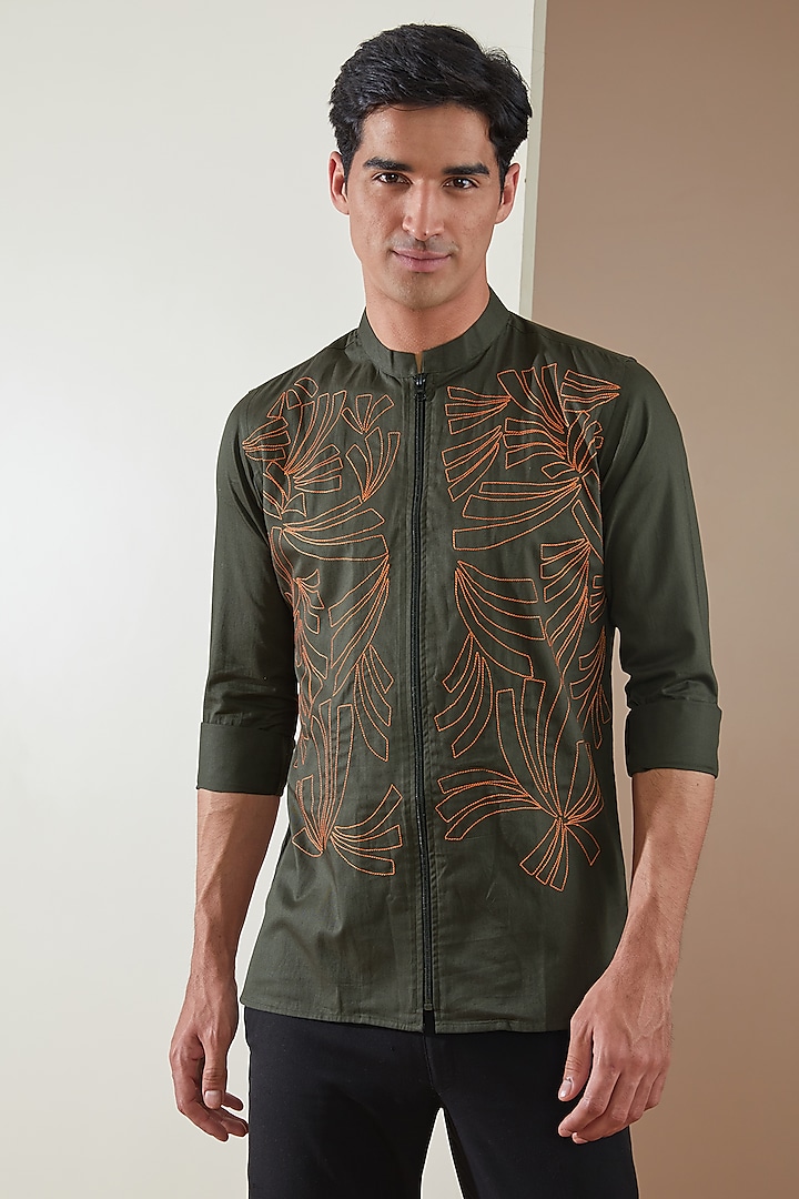 Olive Pure Cotton Embroidered Shirt by HE SPOKE