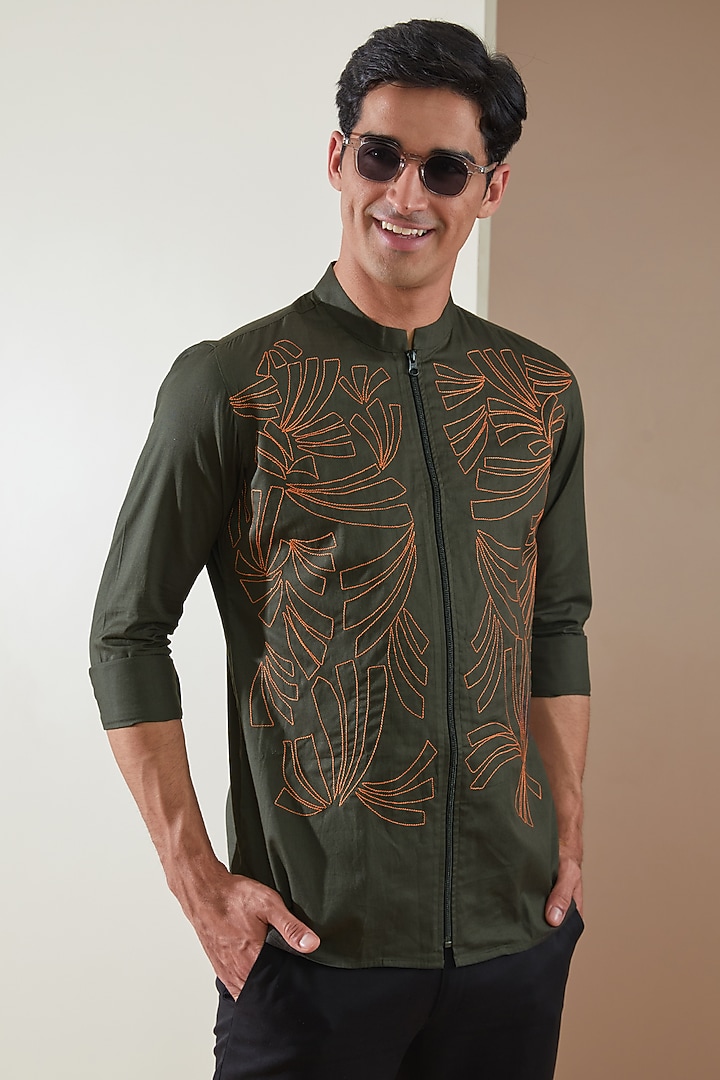Olive Pure Cotton Embroidered Summer Shirt by HE SPOKE at Pernia's Pop Up Shop