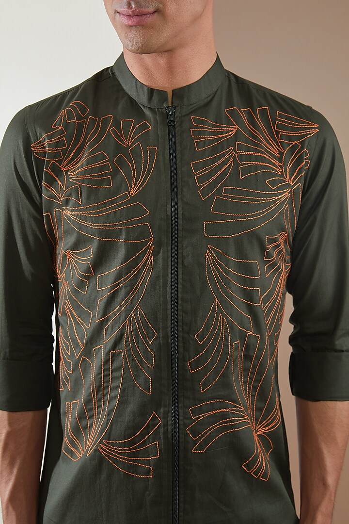 Olive Pure Cotton Embroidered Summer Shirt by HE SPOKE at Pernia's Pop Up Shop