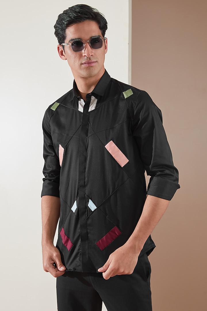 Black Pure Cotton Embellished Summer Shirt by HE SPOKE at Pernia's Pop Up Shop