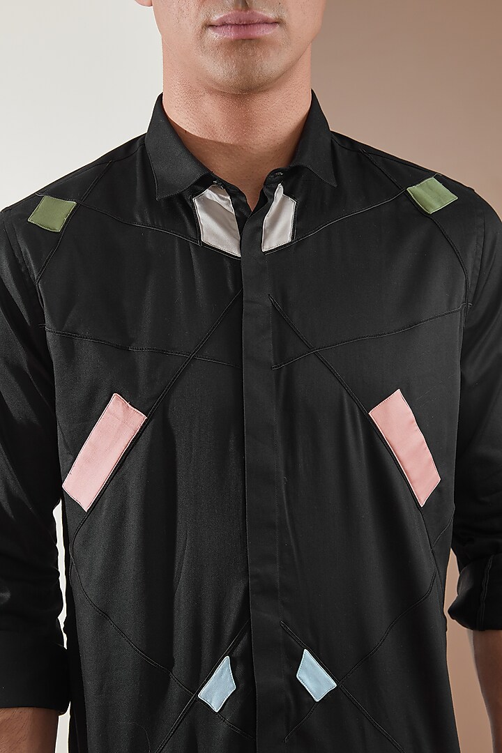 Black Pure Cotton Embellished Summer Shirt by HE SPOKE at Pernia's Pop Up Shop