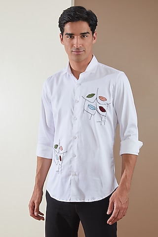 White Pure Cotton Embellished Shirt by HE SPOKE