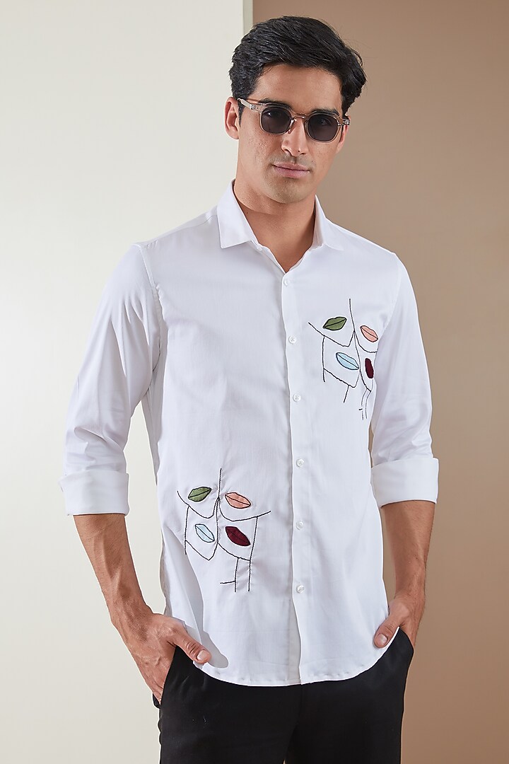 White Pure Cotton Embellished Summer Shirt by HE SPOKE at Pernia's Pop Up Shop