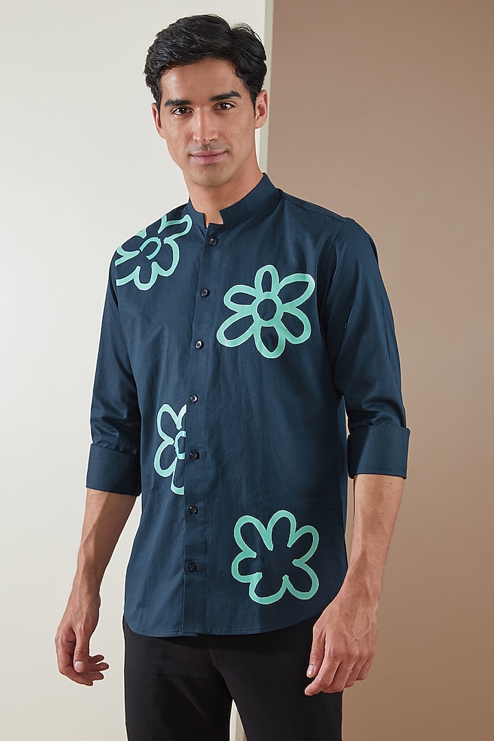 Navy Blue Pure Cotton Printed Shirt by HE SPOKE at Pernia's Pop Up Shop