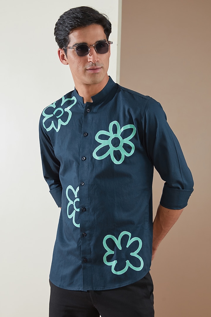 Navy Blue Pure Cotton Printed Summer Shirt by HE SPOKE at Pernia's Pop Up Shop