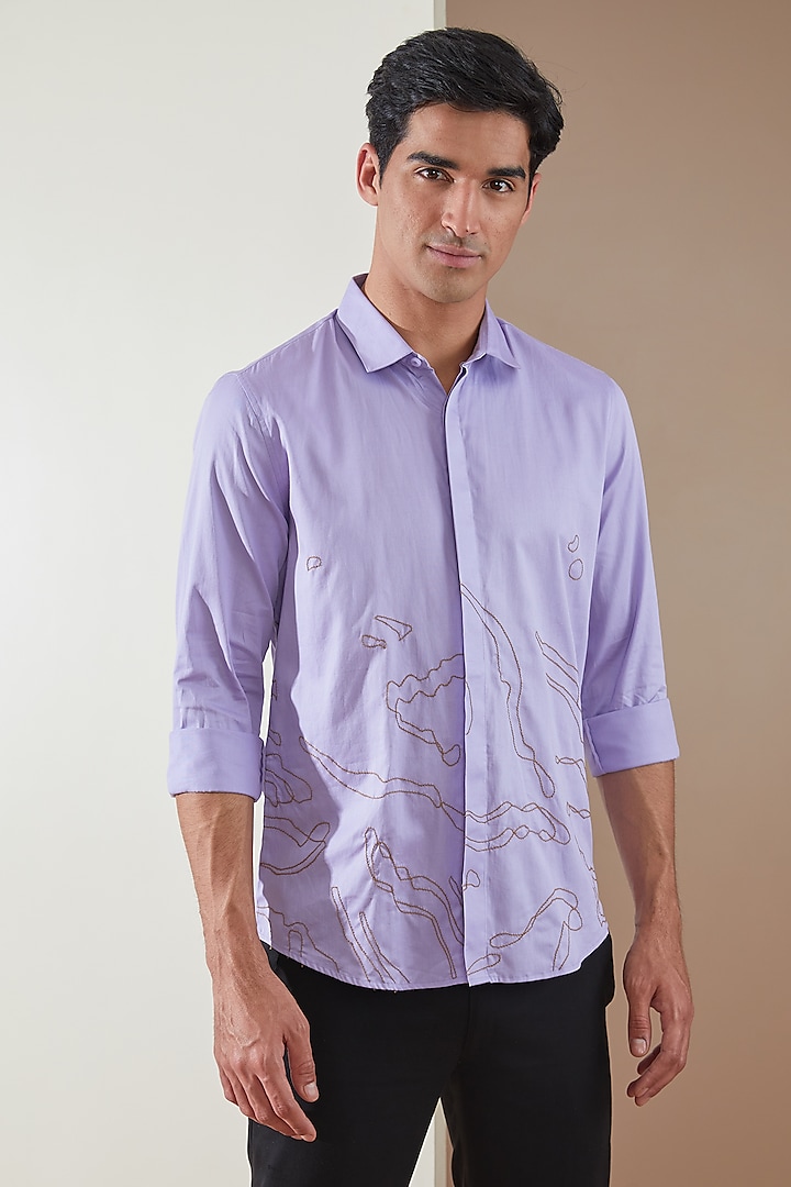 Lilac Pure Cotton Embroidered Shirt by HE SPOKE at Pernia's Pop Up Shop