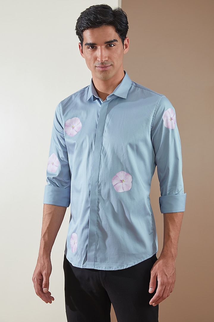 Powder Blue Pure Cotton Printed Shirt by HE SPOKE