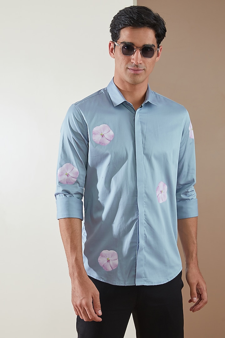 Powder Blue Pure Cotton Printed Summer Shirt by HE SPOKE at Pernia's Pop Up Shop