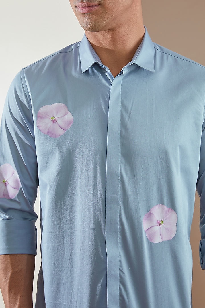 Powder Blue Pure Cotton Printed Summer Shirt by HE SPOKE at Pernia's Pop Up Shop
