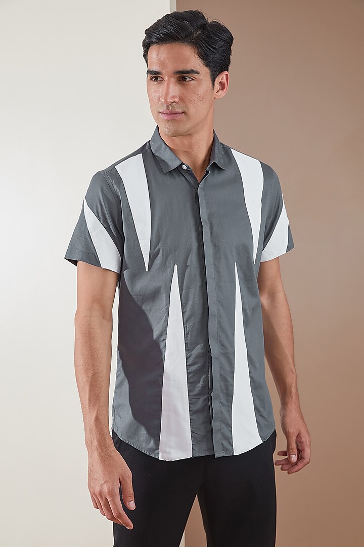 Metal Grey Pure Cotton Color Blocked Shirt by HE SPOKE