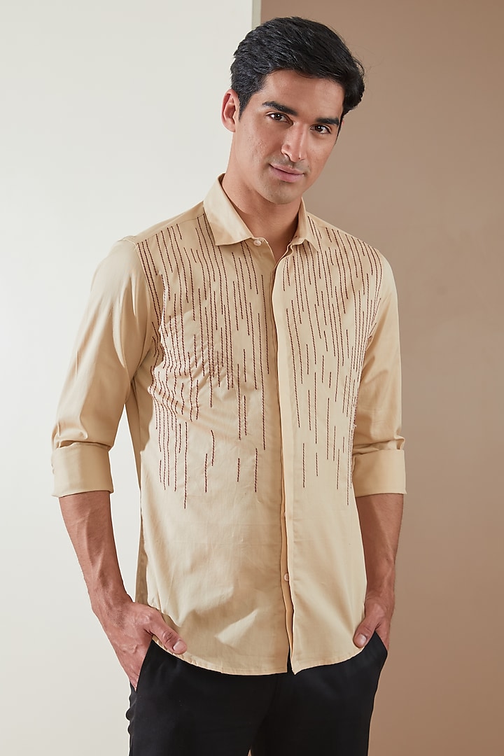 Cream Pure Cotton Embroidered Shirt by HE SPOKE