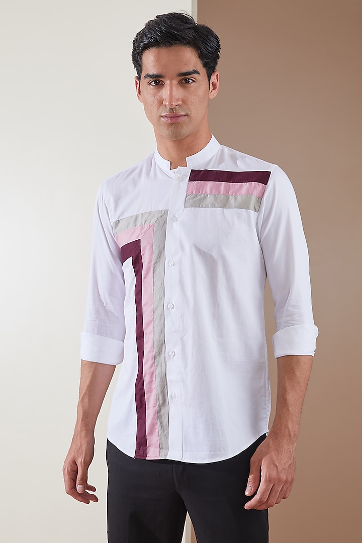 White Pure Cotton Color Blocked Shirt by HE SPOKE at Pernia's Pop Up Shop