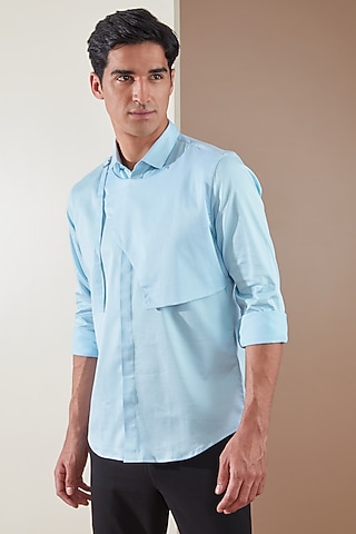 Powder Blue Pure Cotton Harness Style Shirt by HE SPOKE