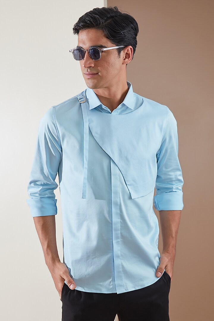 Powder Blue Pure Cotton Harness Style Summer Shirt by HE SPOKE at Pernia's Pop Up Shop