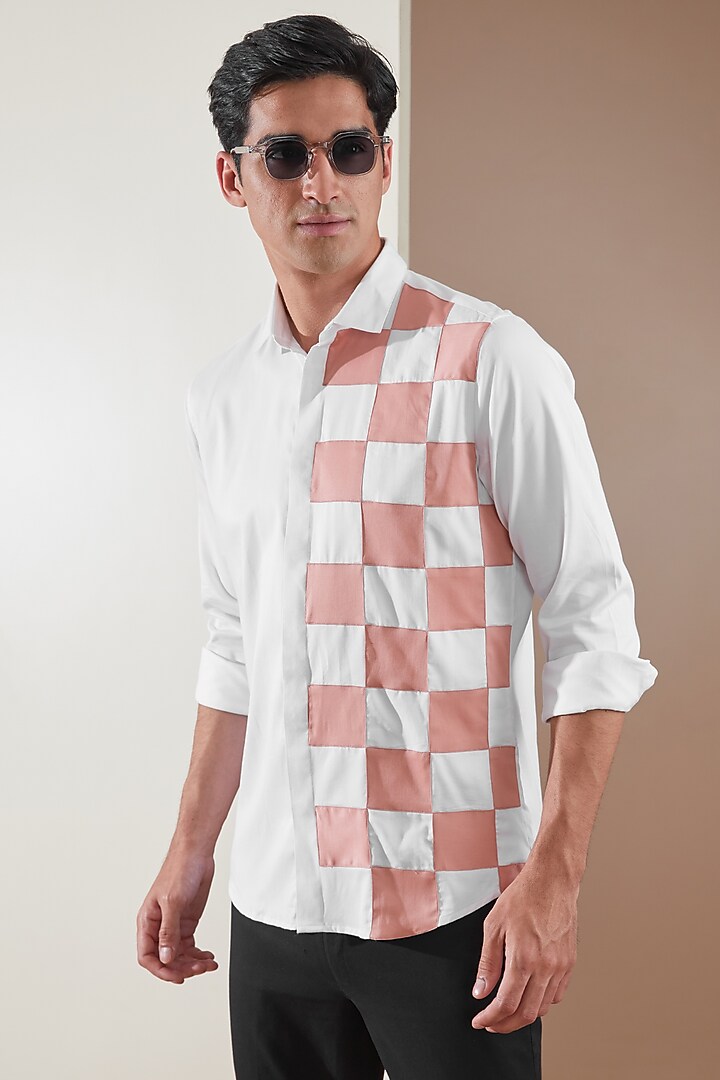 White Pure Cotton Color Blocked Summer Shirt by HE SPOKE at Pernia's Pop Up Shop