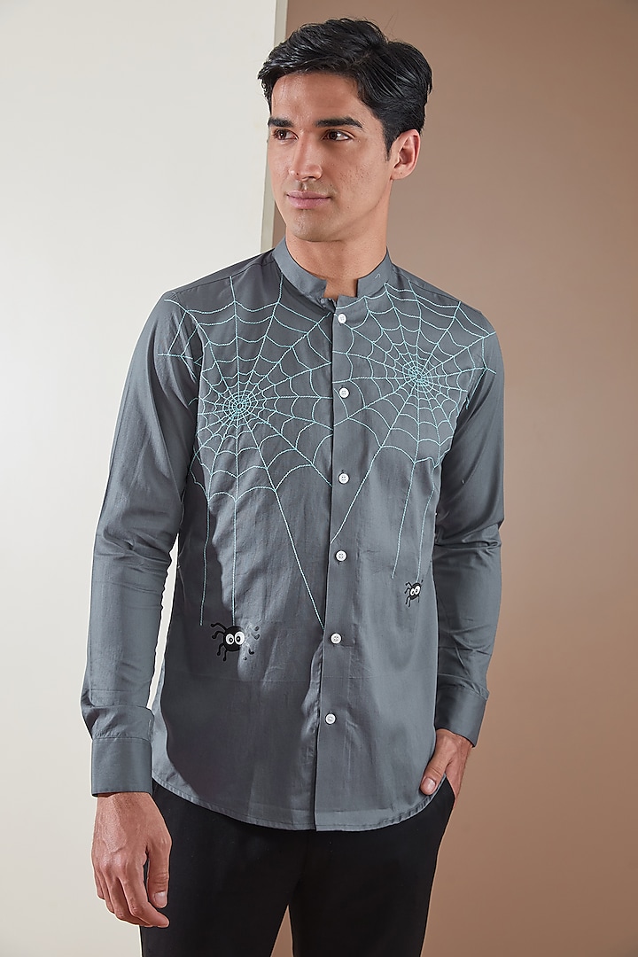 Metal Grey Pure Cotton Embroidered Shirt by HE SPOKE