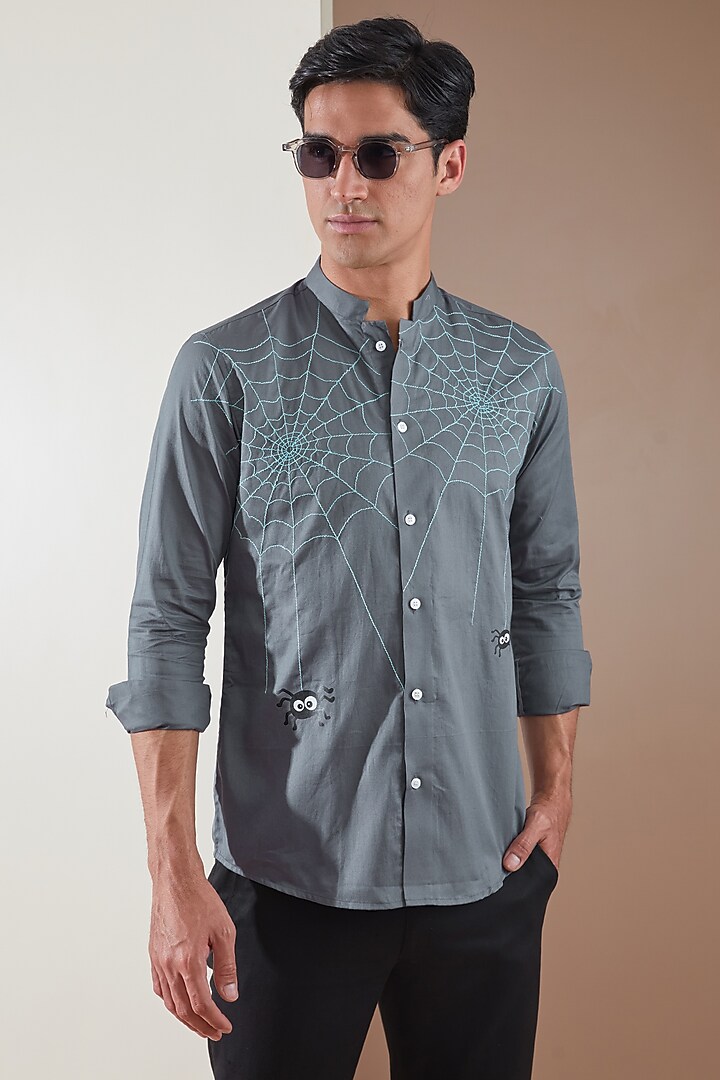 Metal Grey Pure Cotton Embroidered Summer Shirt by HE SPOKE at Pernia's Pop Up Shop