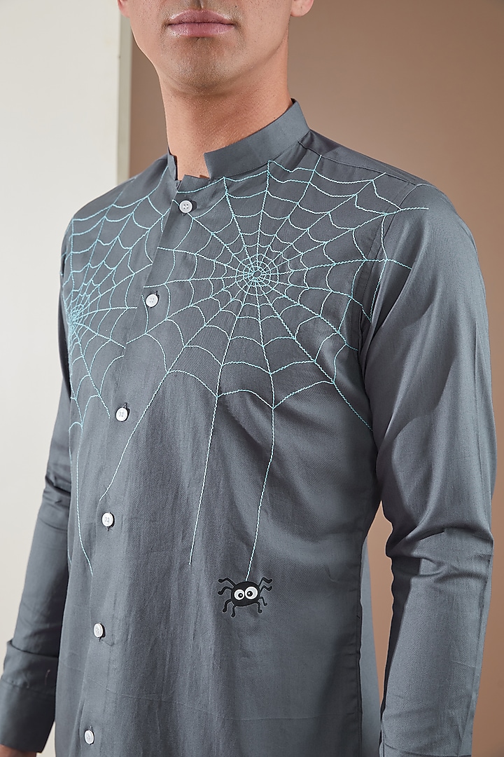 Metal Grey Pure Cotton Embroidered Summer Shirt by HE SPOKE at Pernia's Pop Up Shop
