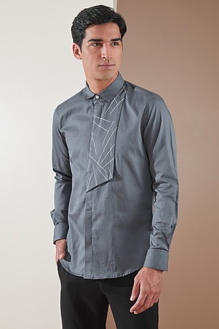 Metal Grey Pure Cotton Embroidered Shirt by HE SPOKE