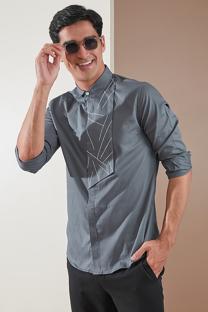 Metal Grey Pure Cotton Embroidered Summer Shirt by HE SPOKE at Pernia's Pop Up Shop