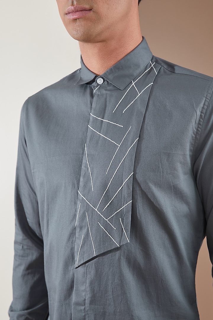Metal Grey Pure Cotton Embroidered Summer Shirt by HE SPOKE at Pernia's Pop Up Shop