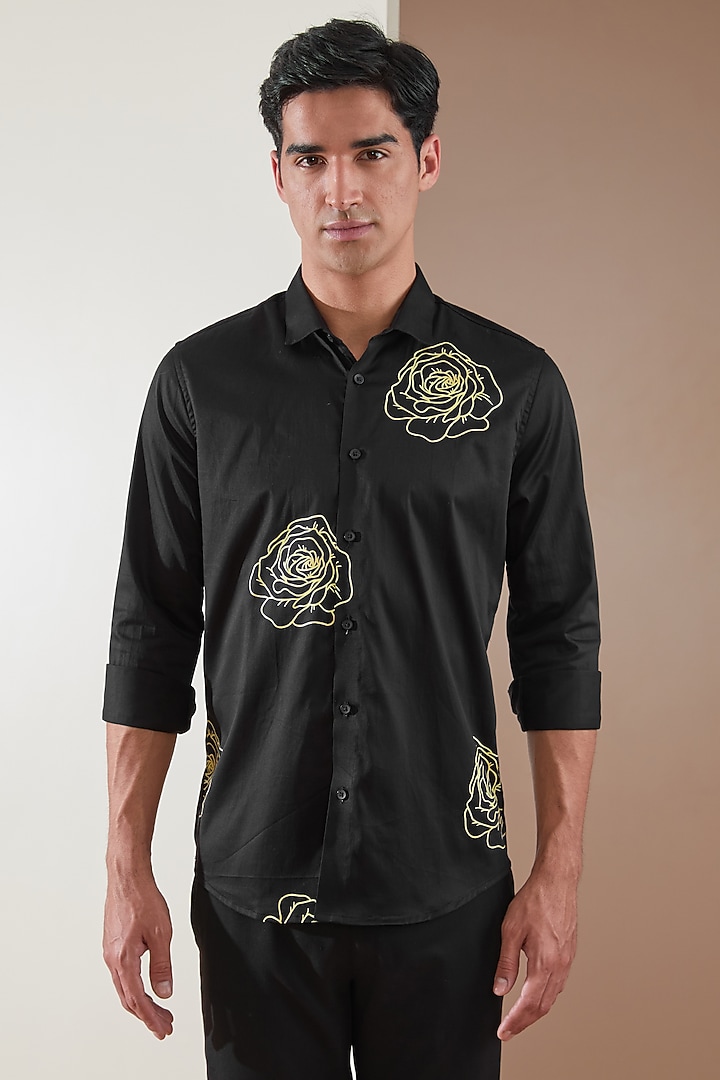 Black Pure Cotton Printed Summer Shirt by HE SPOKE at Pernia's Pop Up Shop