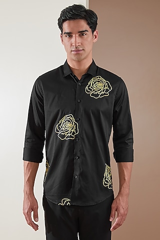 Black Pure Cotton Printed Shirt by HE SPOKE
